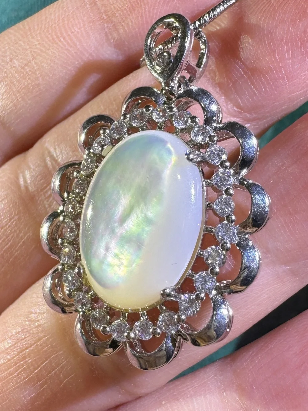 Vintage Mother of Pearl CZ Halo Pendant Necklace